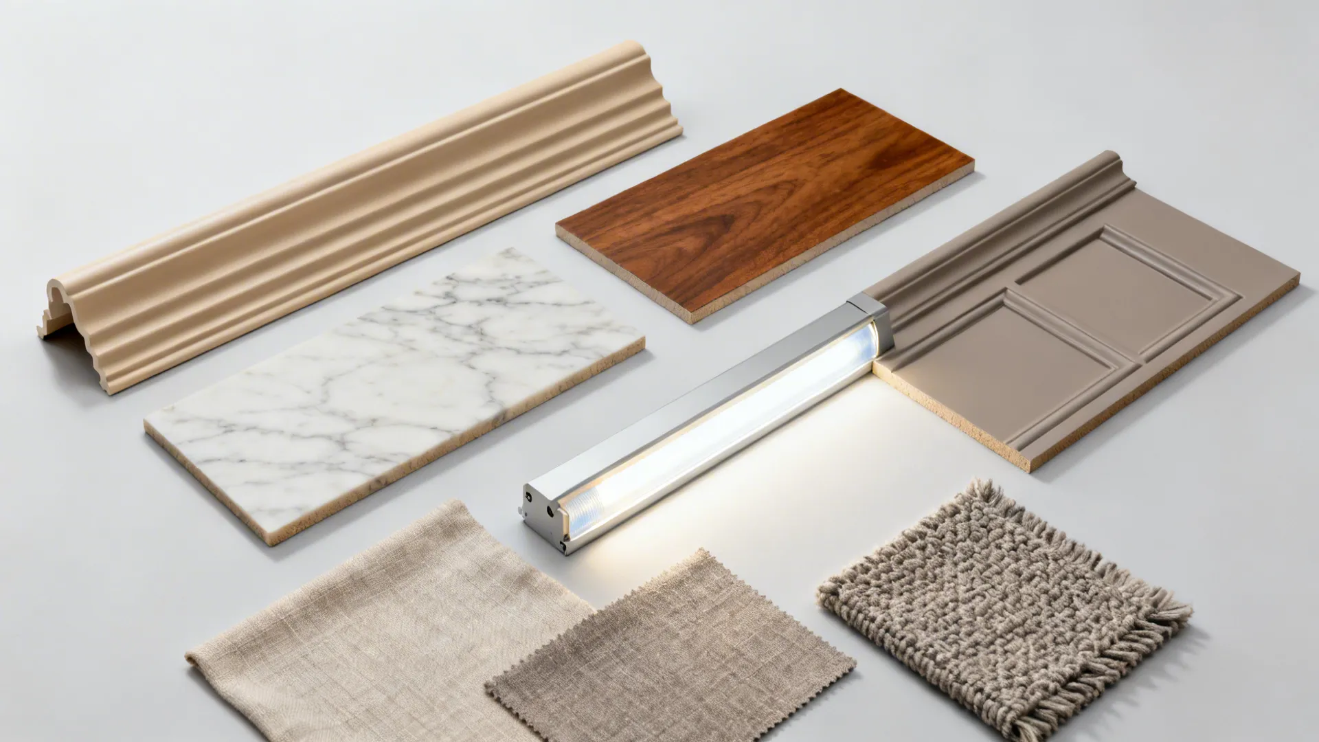 Flatlay of PVC ribbed, marble-look, woodgrain panels with LED channel and fabric swatches.