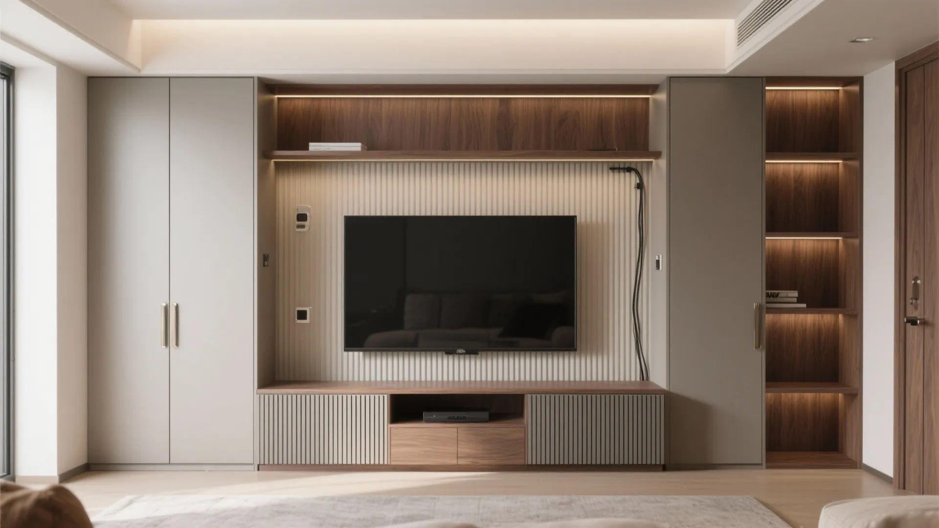 PVC media wall with matte doors, wood-grain shelves, fluted backdrop, and clean cable management at seated eye height.