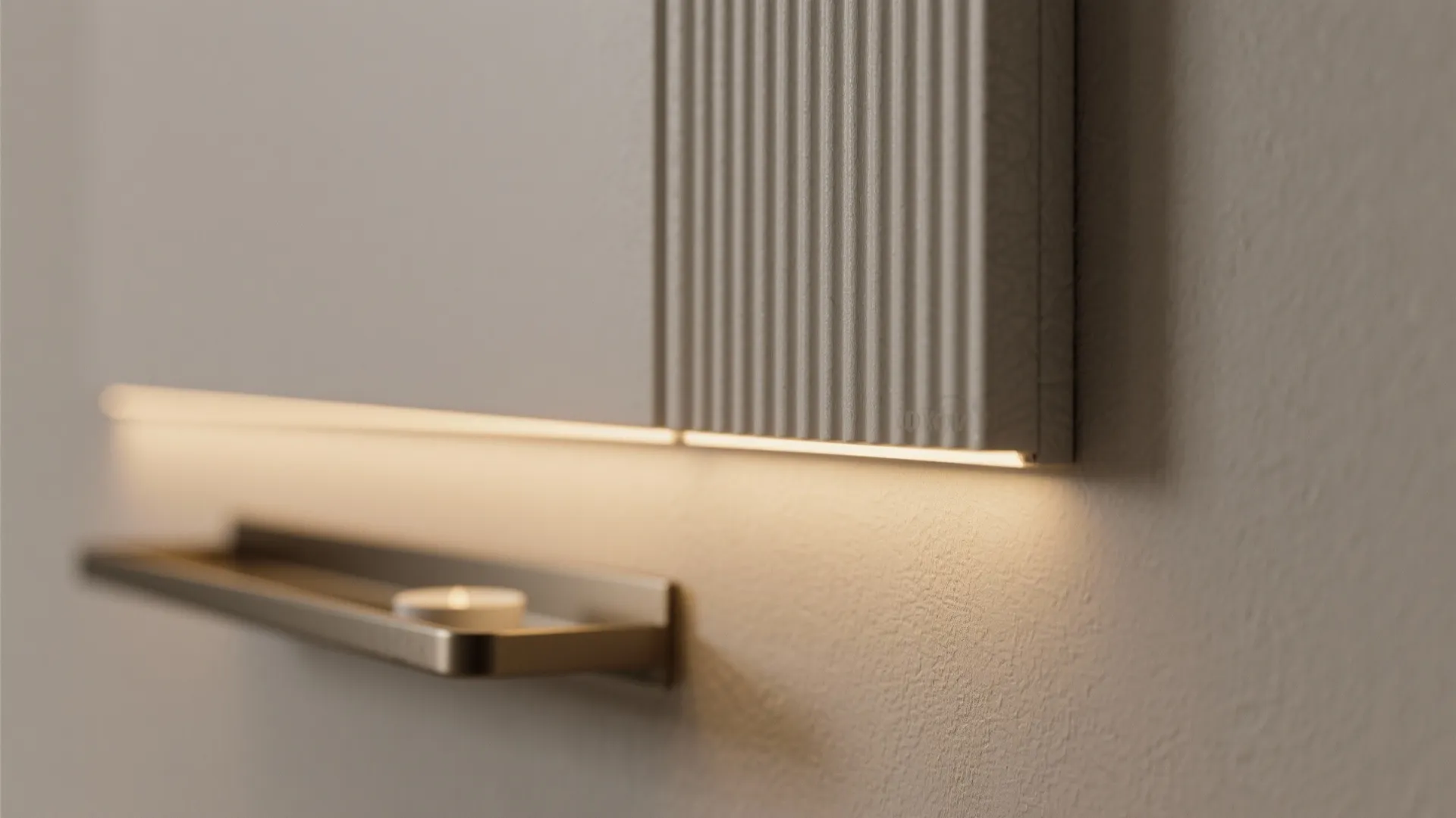 Macro detail of matte PVC panel with LED diffuser and precise joinery for the wall niche mandir.