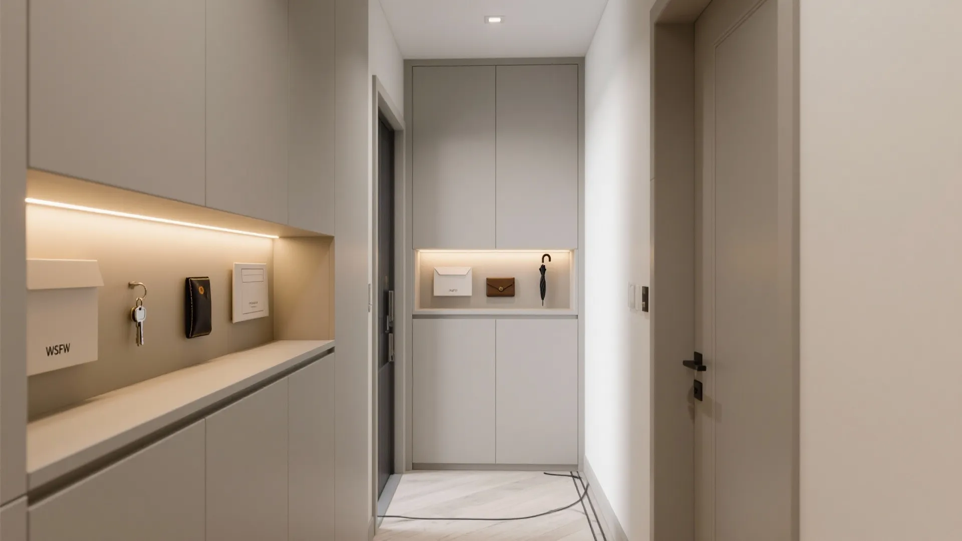 Modern entryway cabinet with lighted niche holding keys and wallet and a small black umbrella