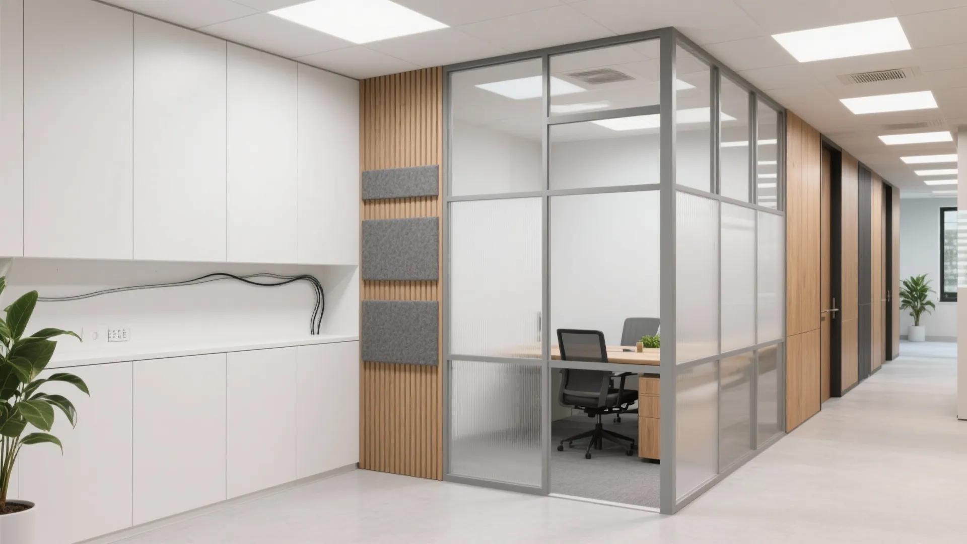 Modern office interior with glass wall meeting room wooden wall panels white cabinets and plants