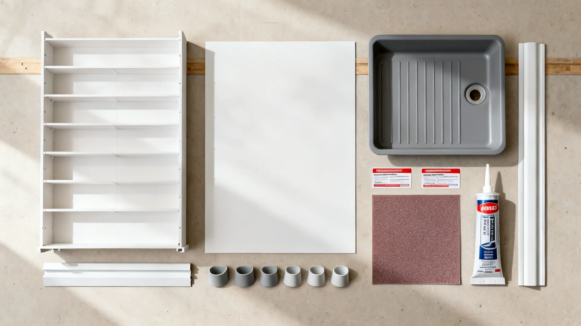 Flatlay of PVC drawer dividers, drip tray, edge caps, and tools for kitchen organization.