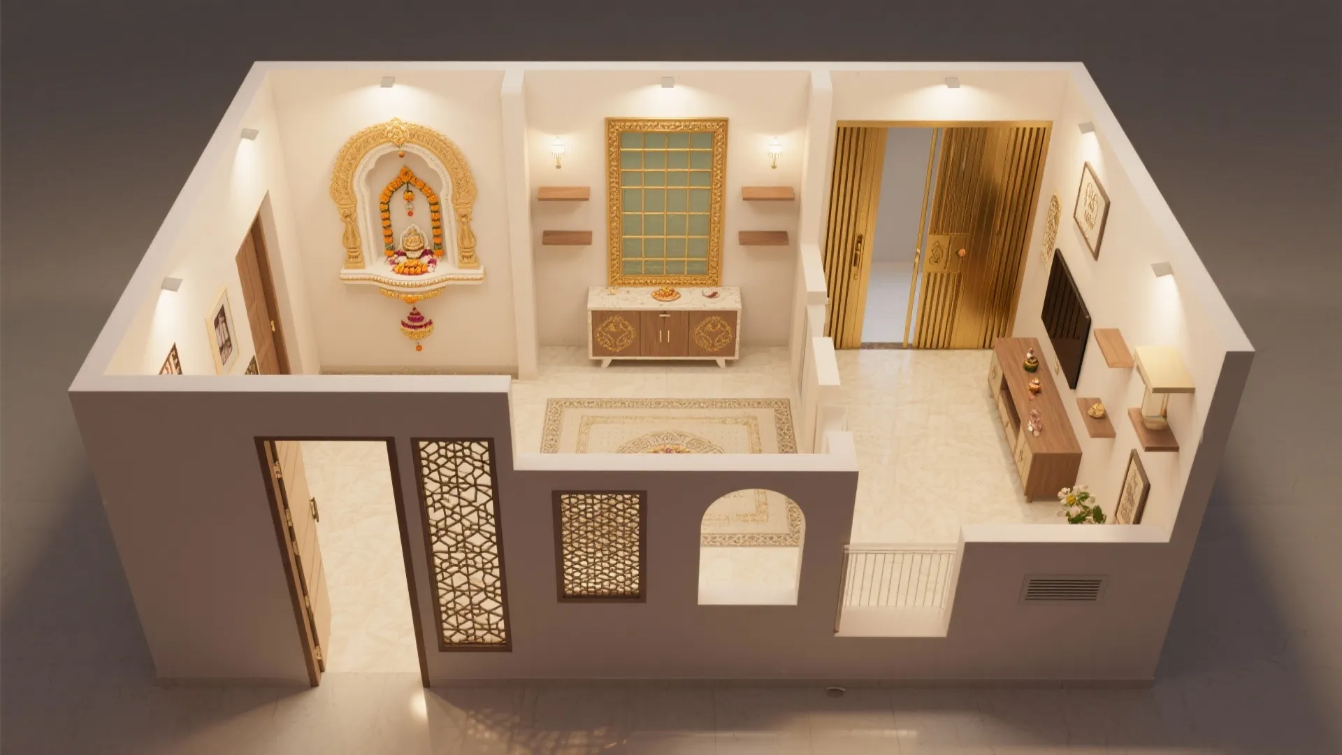 Top-down overview plan showing five PVC mandir design placements with clear circulation and warm lighting.