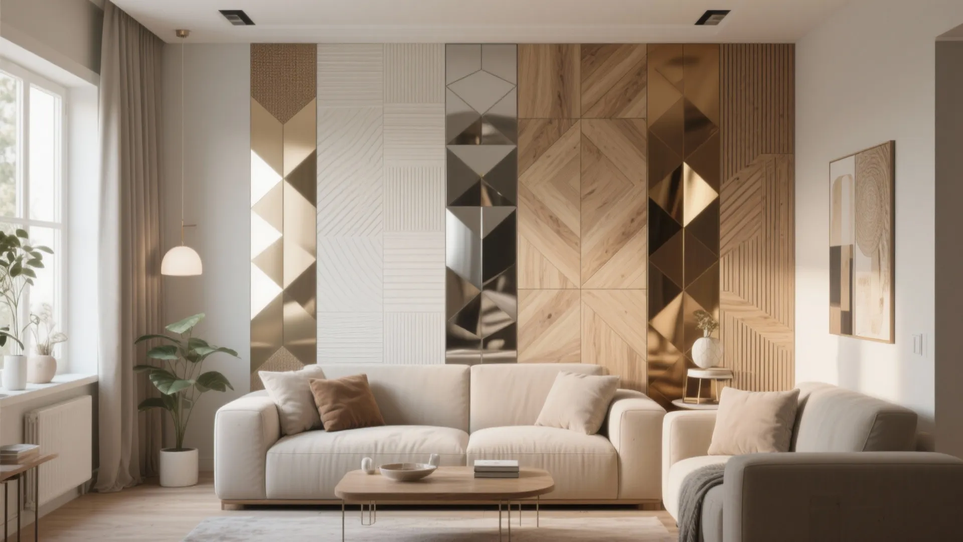 Living room with patterned wall panel, beige sofa, wooden coffee table, and green indoor plants
