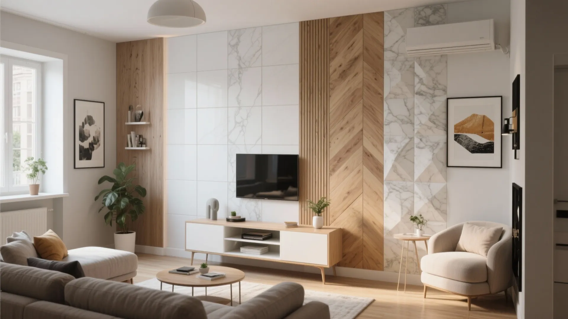 Modern living room with white wall tiles wooden panels tv cabinet green plant and sofa