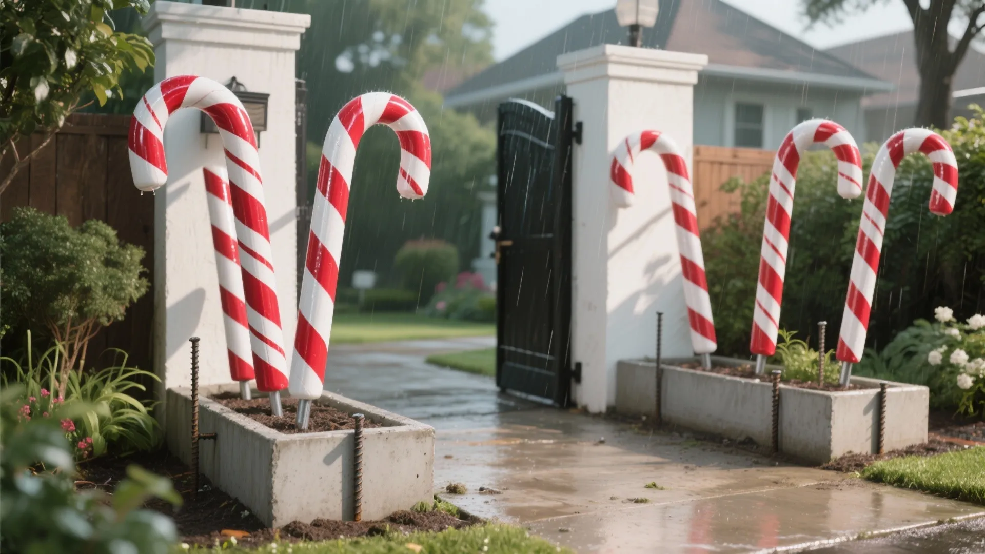 Large red and white candy cane outdoor decorations standing in concrete planters along a walkway