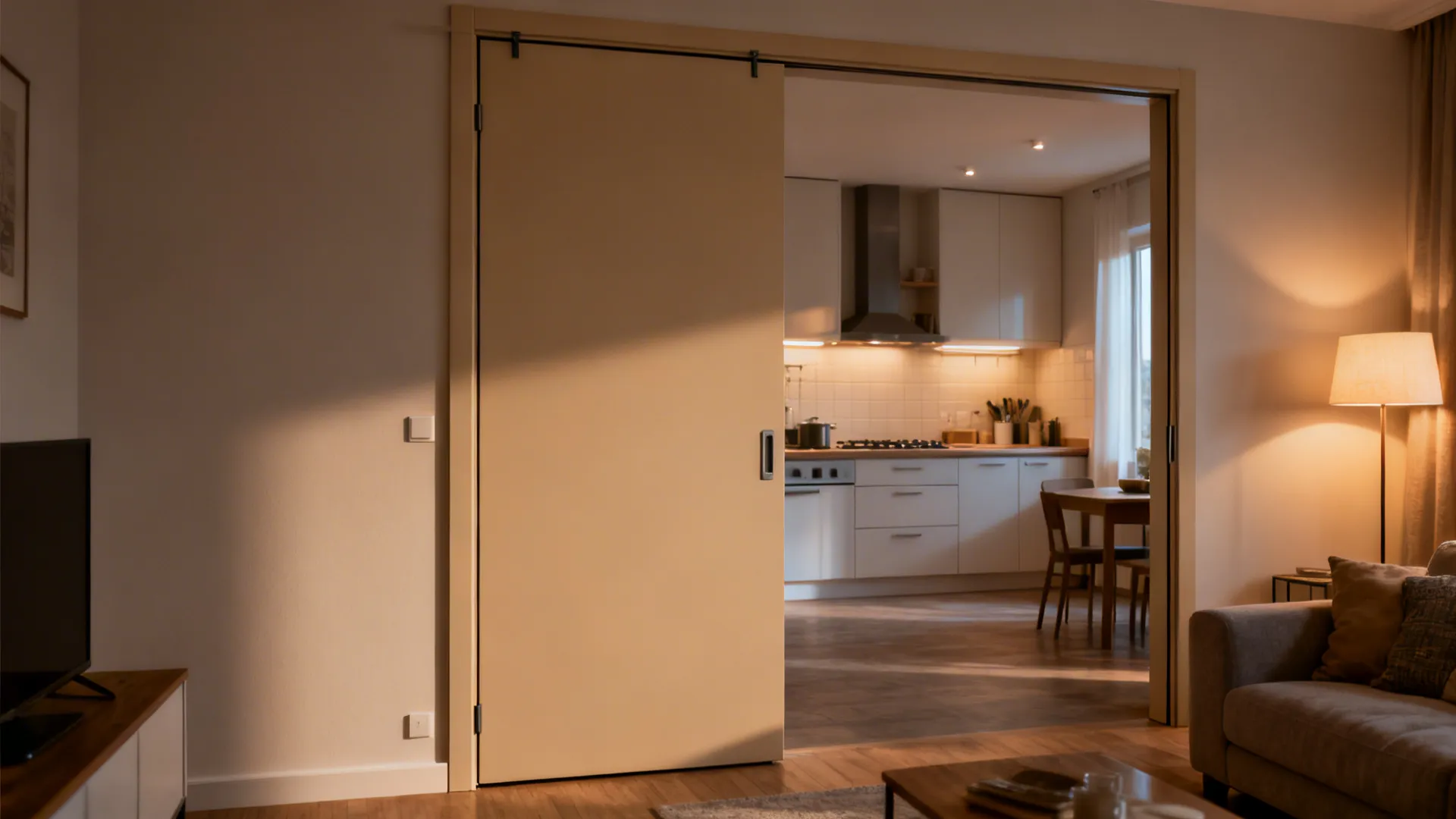 Clay-beige matte PVC pivot door with acoustic core between kitchen and lounge.