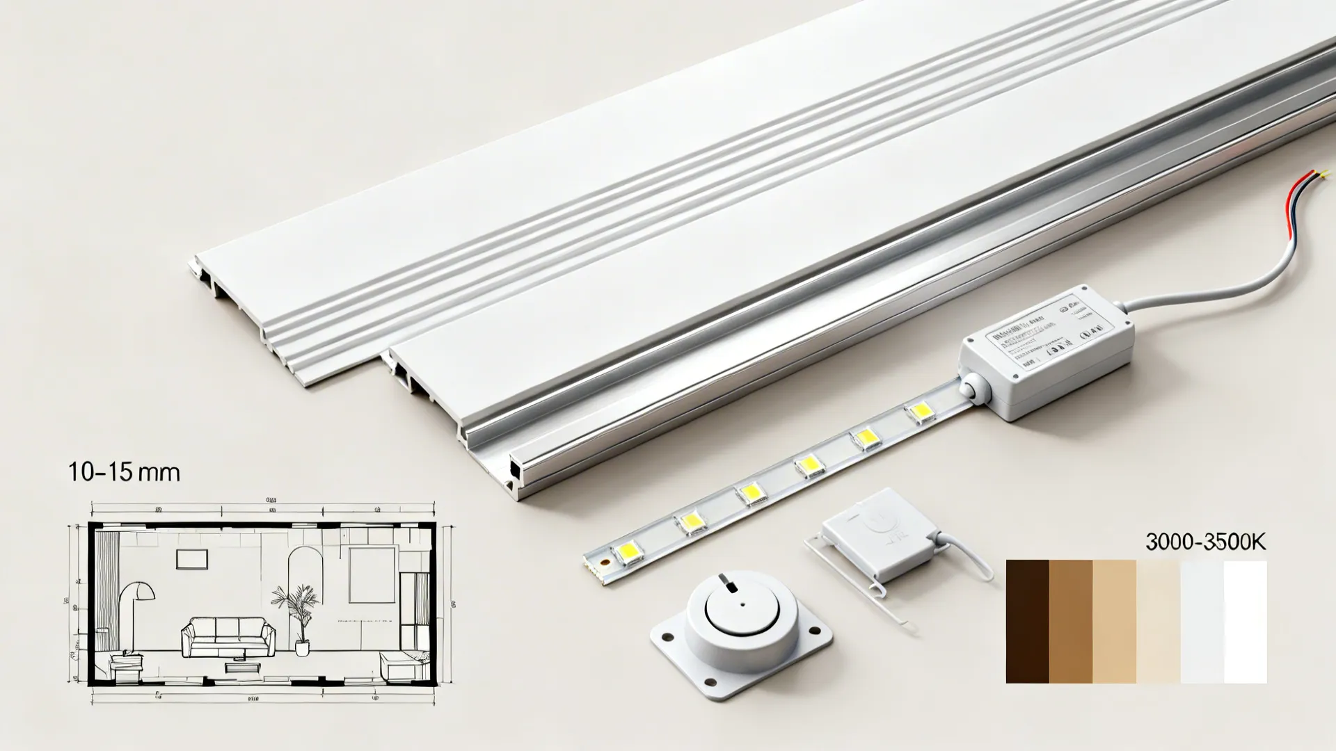 Top-down flatlay of PVC ceiling planning with groove planks, LED strips, channels, and spacing guide.