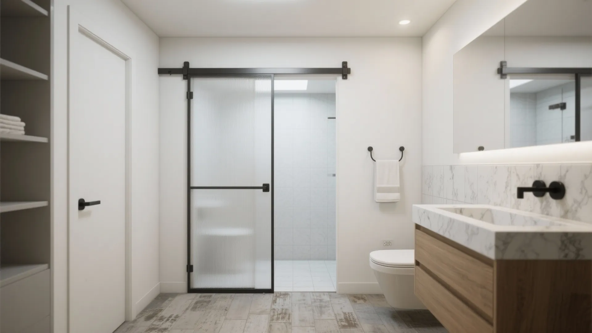 Modern bathroom featuring black framed sliding glass door with vanity and marble sink plus wooden cabinet