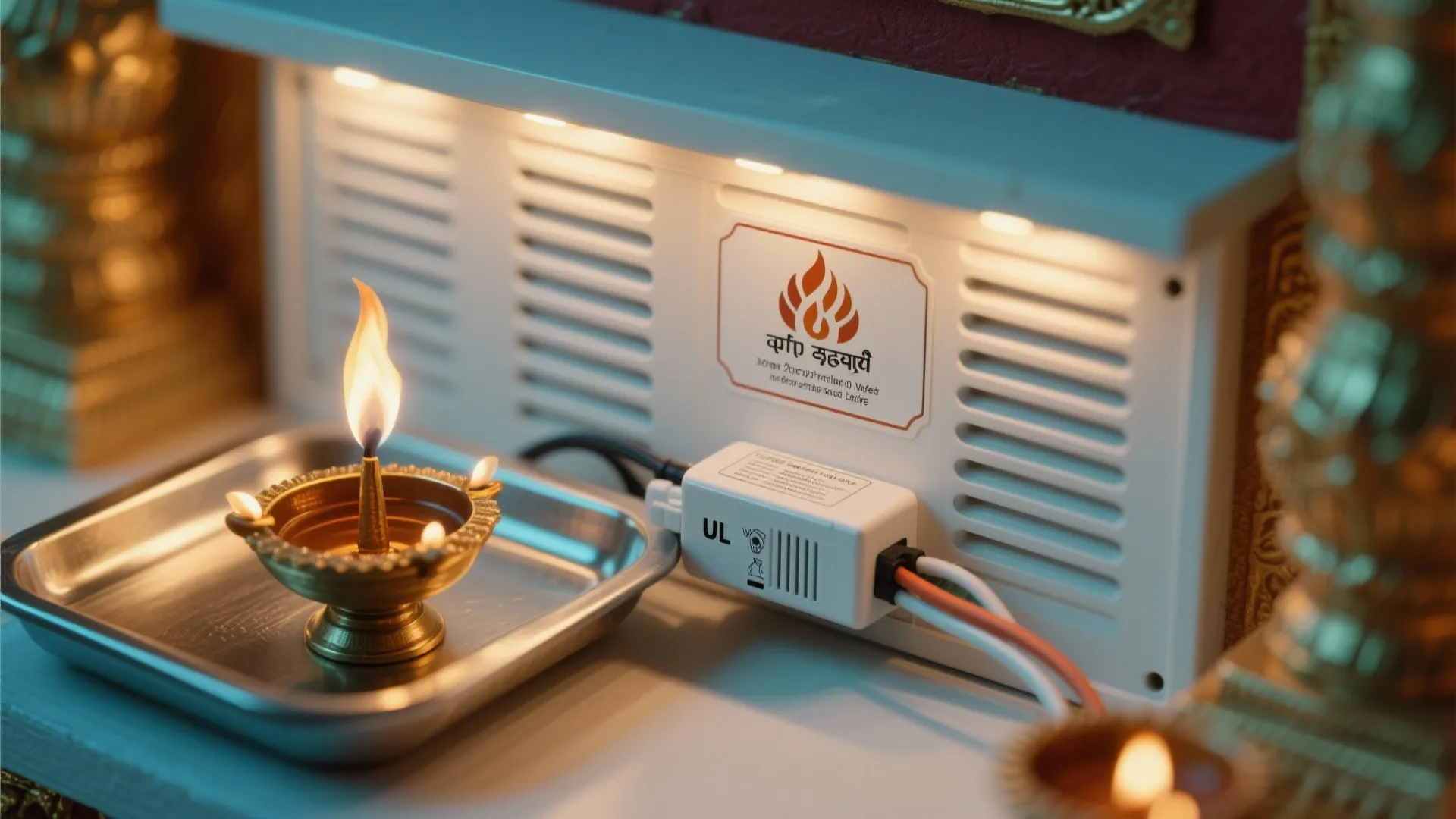 Macro showing metal diya tray, louvered ventilation, matte PVC texture and UL-listed LED driver wiring.