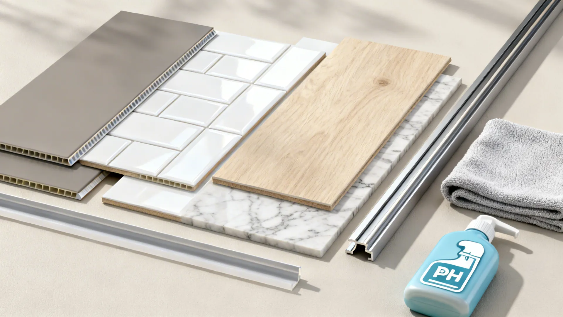 Flat lay of matte, gloss, wood-look, stone-effect PVC samples with trims and silicone.