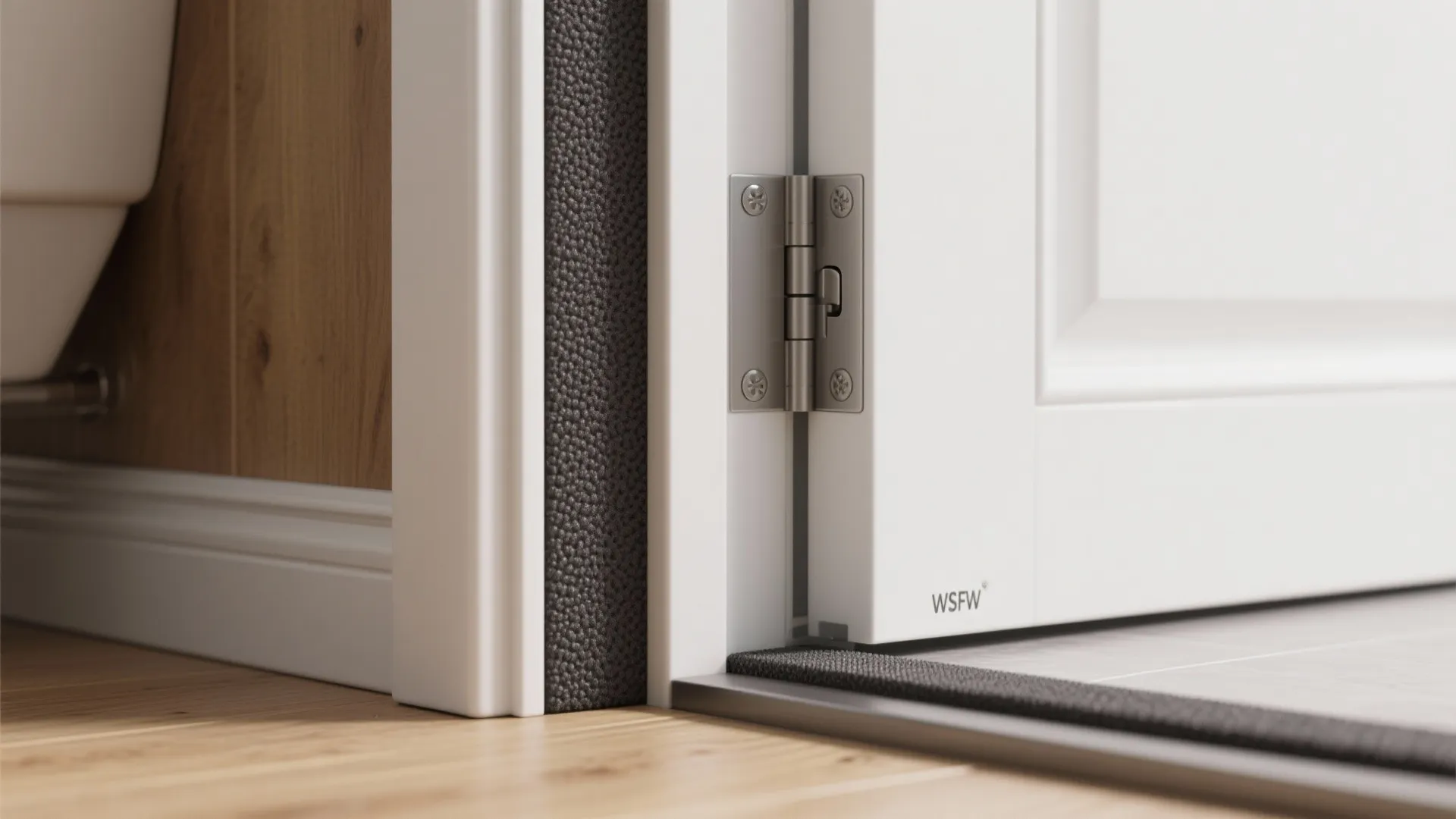 Close up view of a white door metal hinge and a grey textured seal edge
