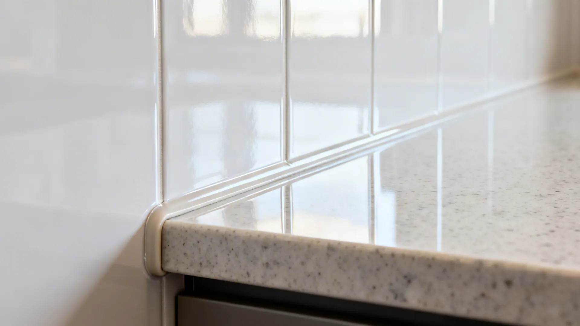 Close-up of color-matched silicone seam on a glossy PVC backsplash.