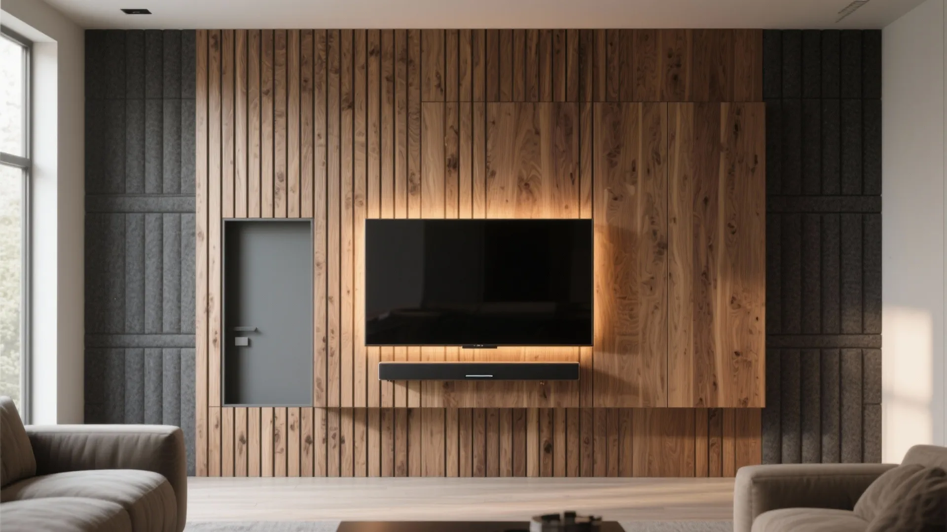 Interior design drawing with wooden wall panels and television above a long black sound bar