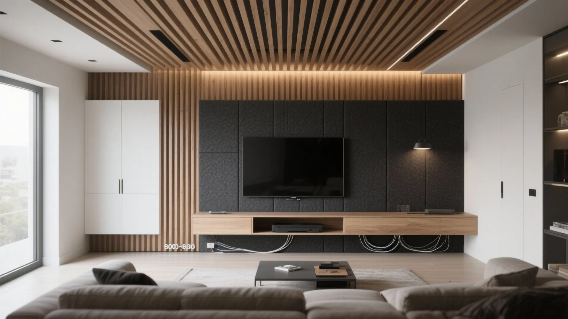 Modern living room with wood slat ceiling wall panels television cabinet sofa and warm light