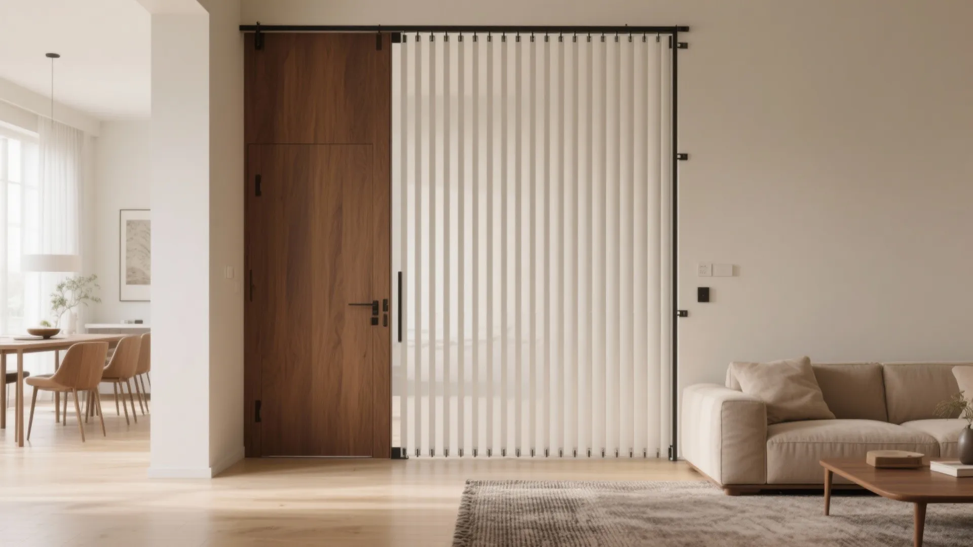 Slim PVC slat room divider near the entry, two-tone walnut and sand, defining zones while keeping light and airflow.