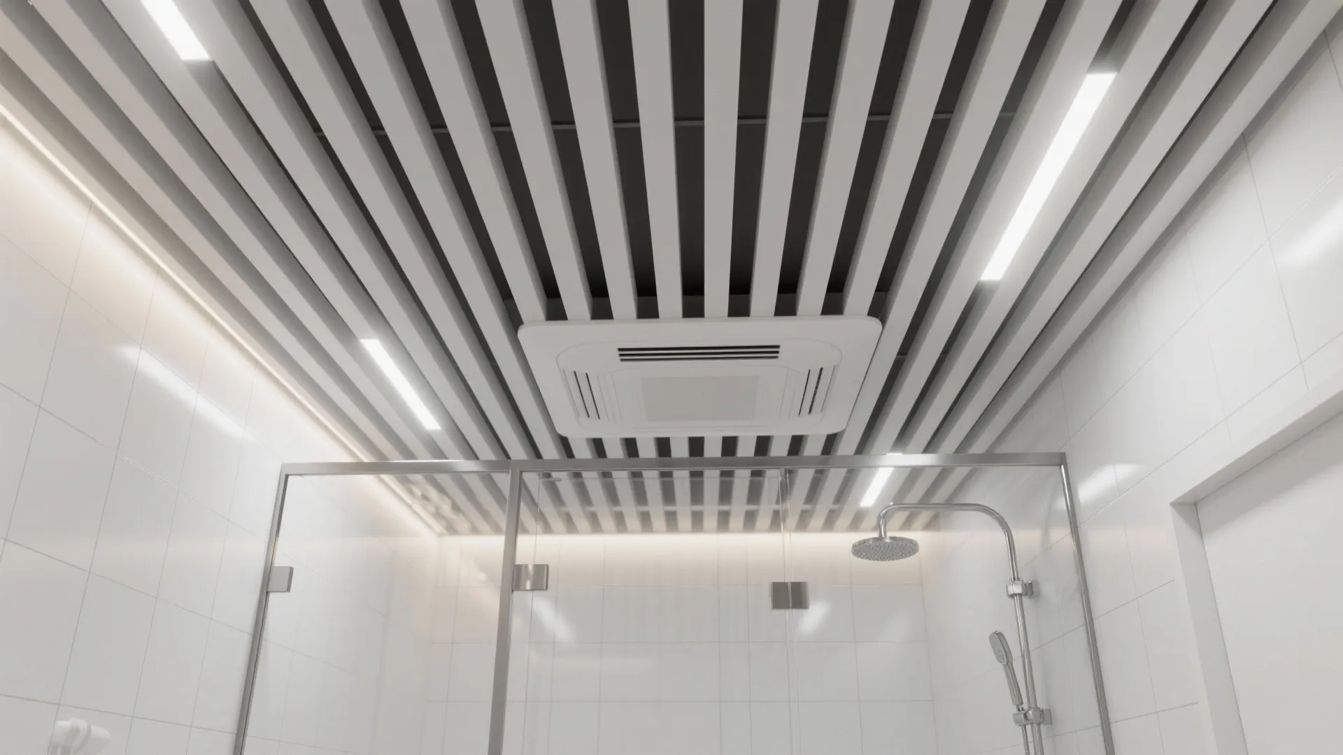 Bathroom shower area with white slatted ceiling integrated vent fan glass door and silver showerhead