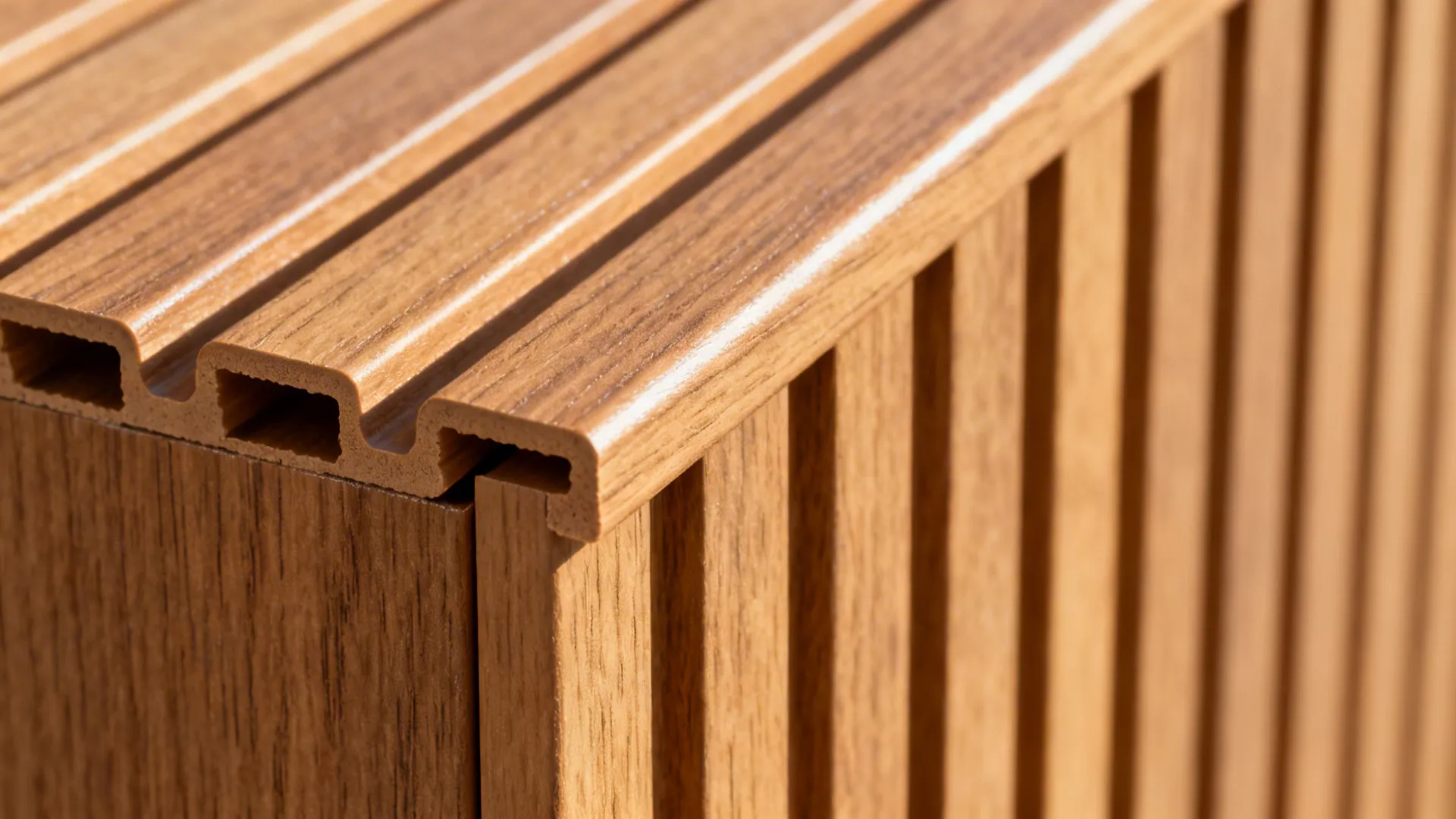 Close-up of wood-look PVC slat panel with realistic texture and grooves.