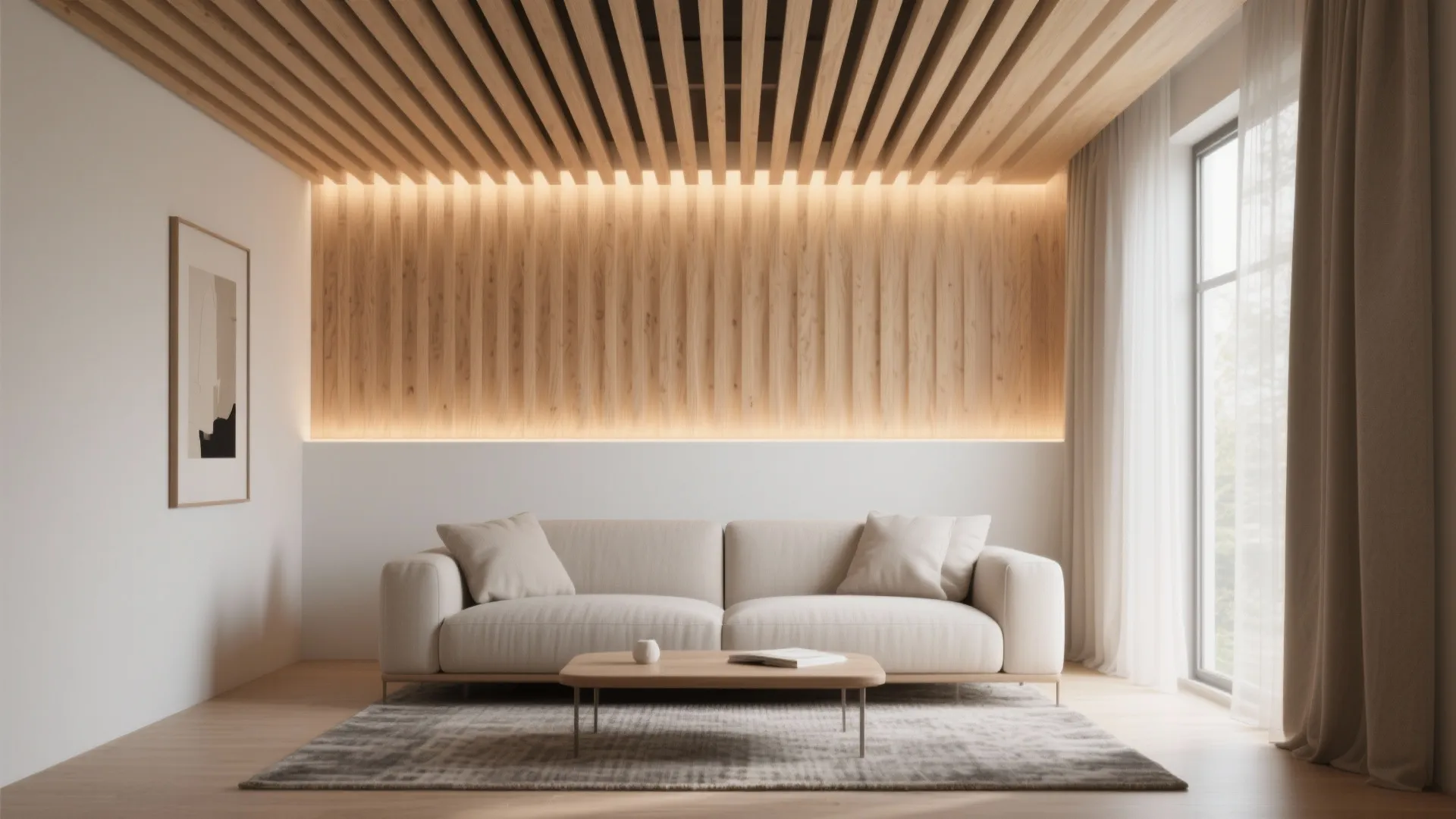 Backlit PVC Slat Feature Over the Sofa