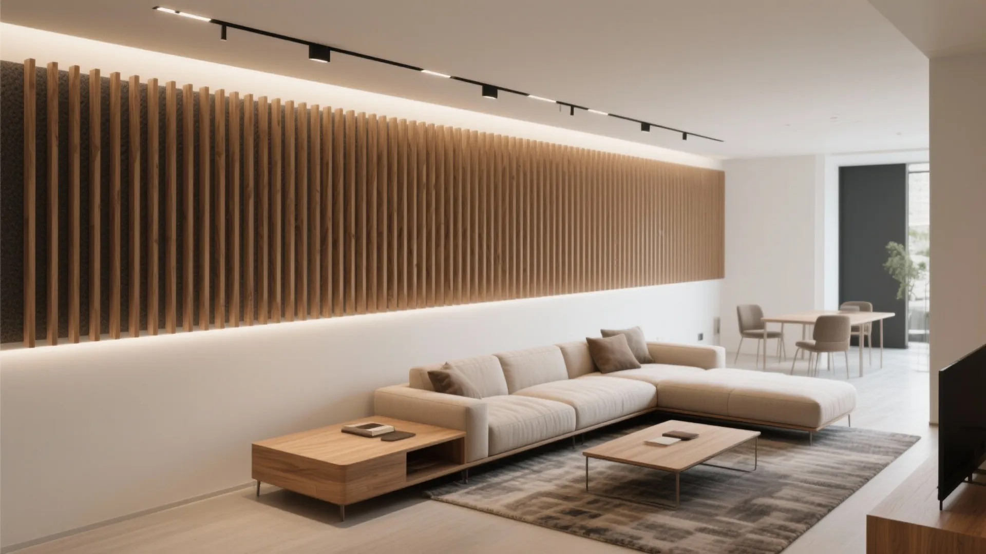 Modern living room featuring a long cream sofa wood wall panel track lighting and rug