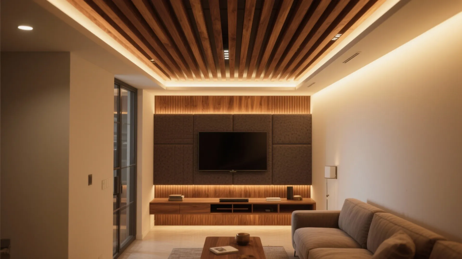 Warm living room with wood slat ceiling wall panels television cabinet sofa and soft hidden lights