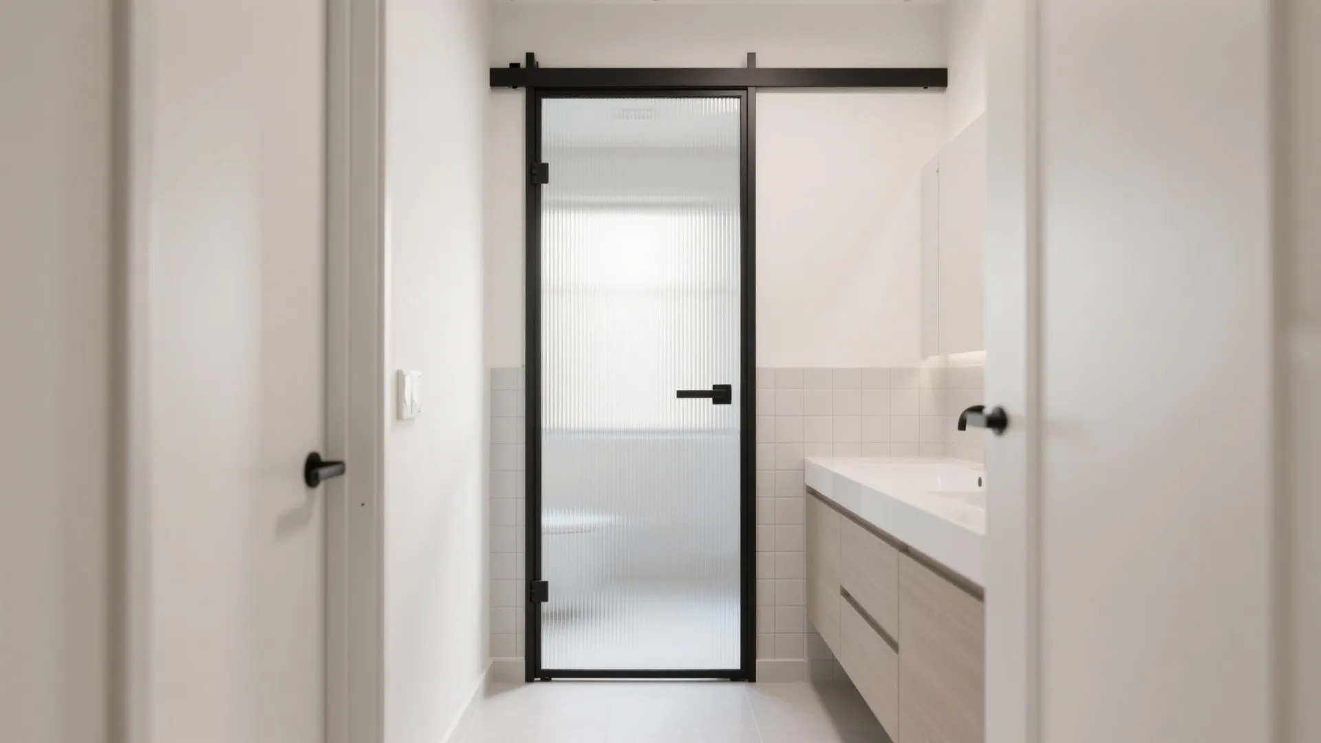 Modern bathroom with a black sliding glass door fluted glass cabinet sink and white wall tiles