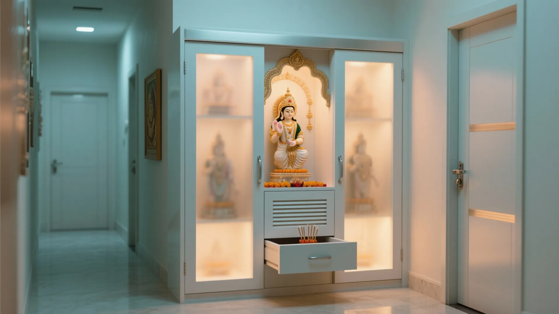 Space-saving PVC mandir cabinet with sliding frosted doors, ventilation detail and concealed drawer.