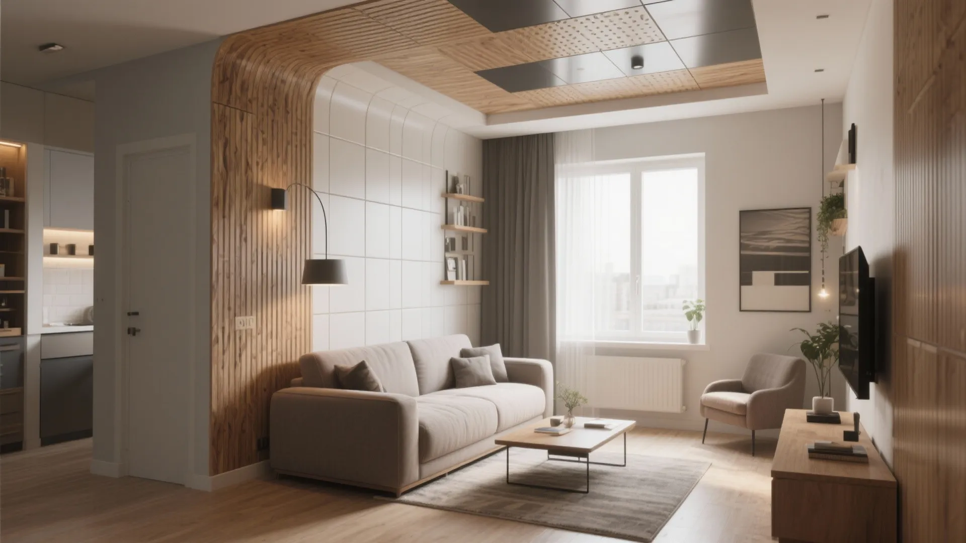 Modern living room featuring a grey sofa wood wall panels coffee table and natural window light