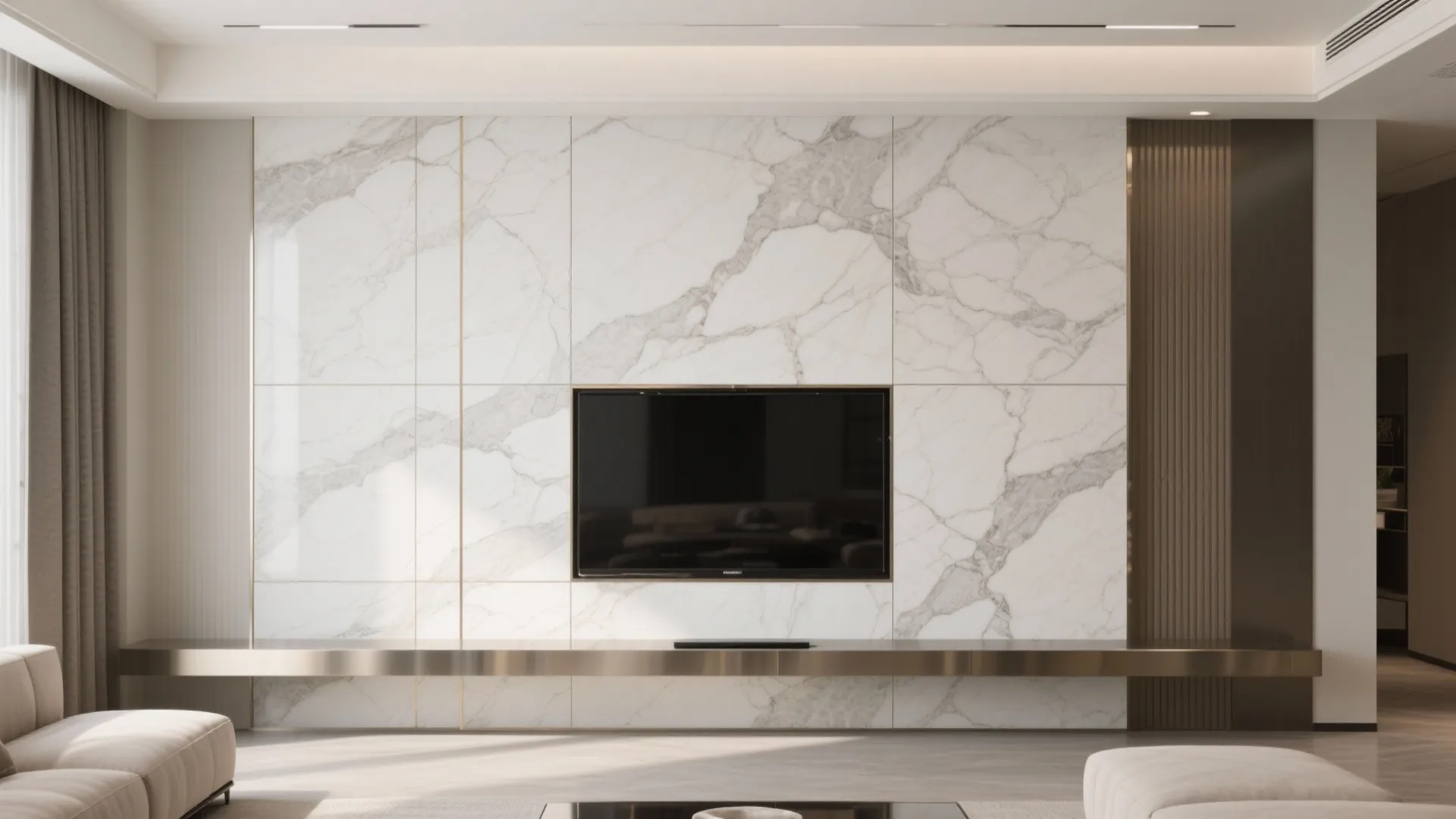Modern living room featuring a marble wall panel with television and long metal floating shelf