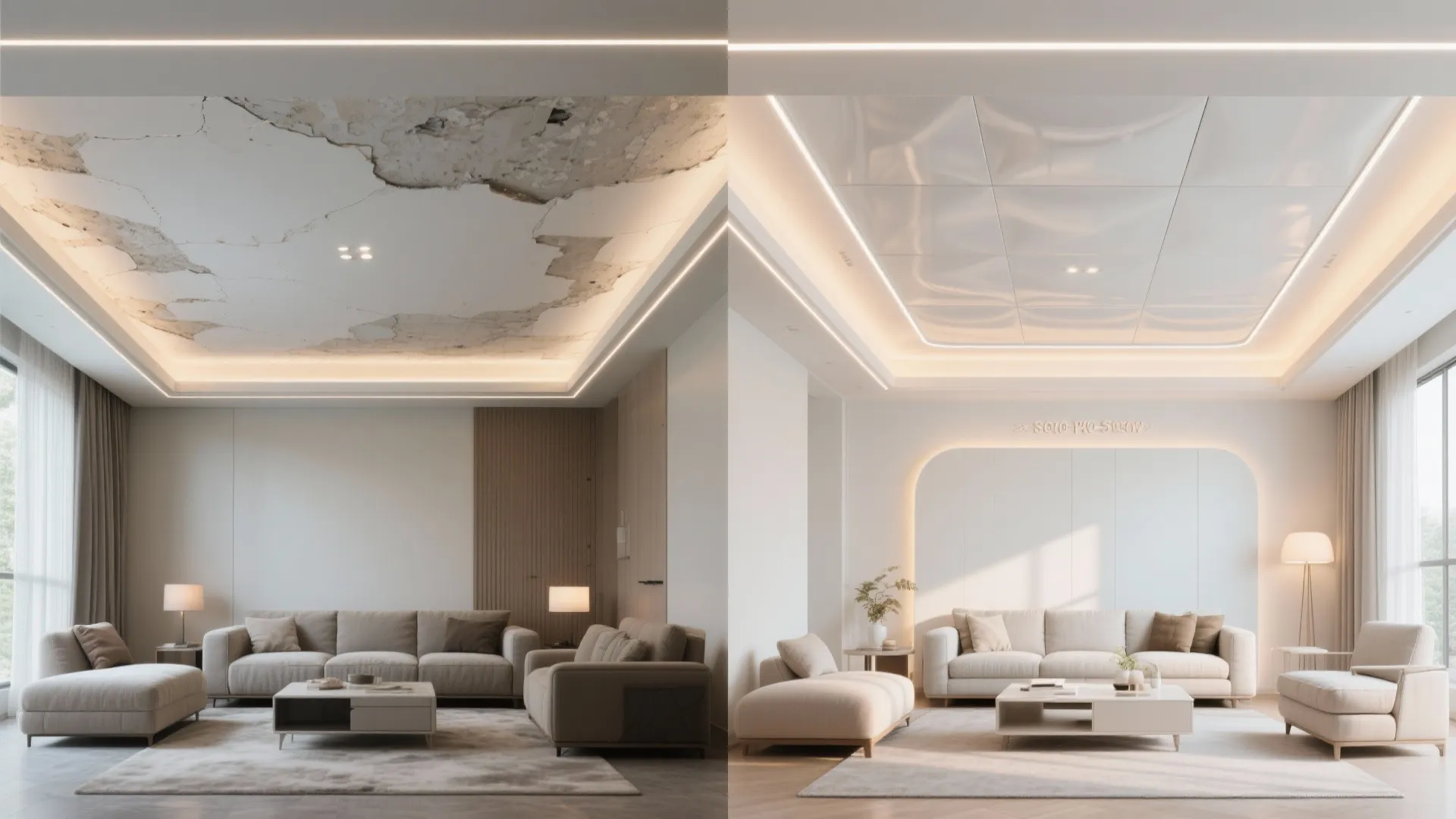 Before and after comparison of a damaged living room ceiling versus a new smooth white ceiling