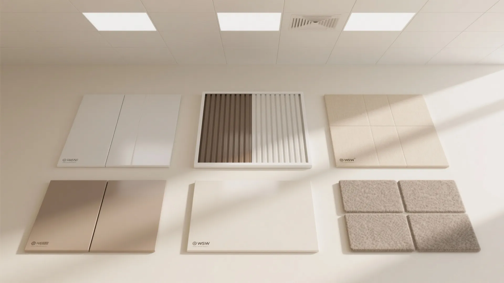 Flatlay of PVC ceiling style samples for halls including matte, slat, two-tone, gloss, and textured acoustic.