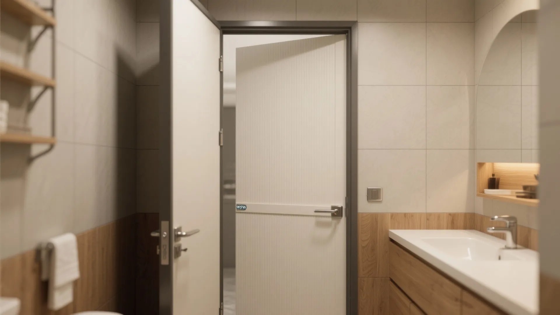 Modern bathroom interior with an open white door showing a sink mirror and wooden cabinet