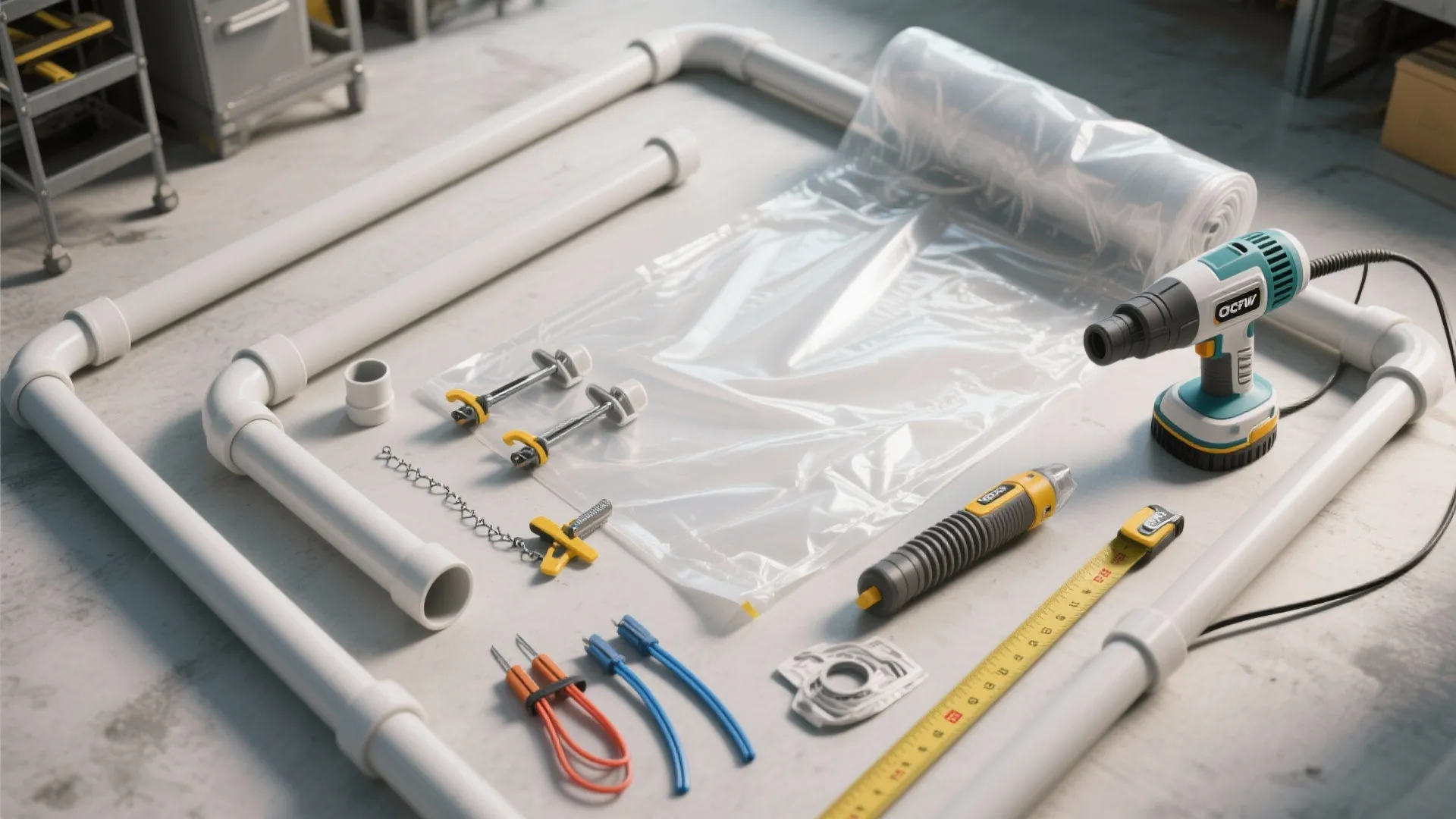 DIY kit with white plastic pipes clear plastic roll measuring tape and various small tools