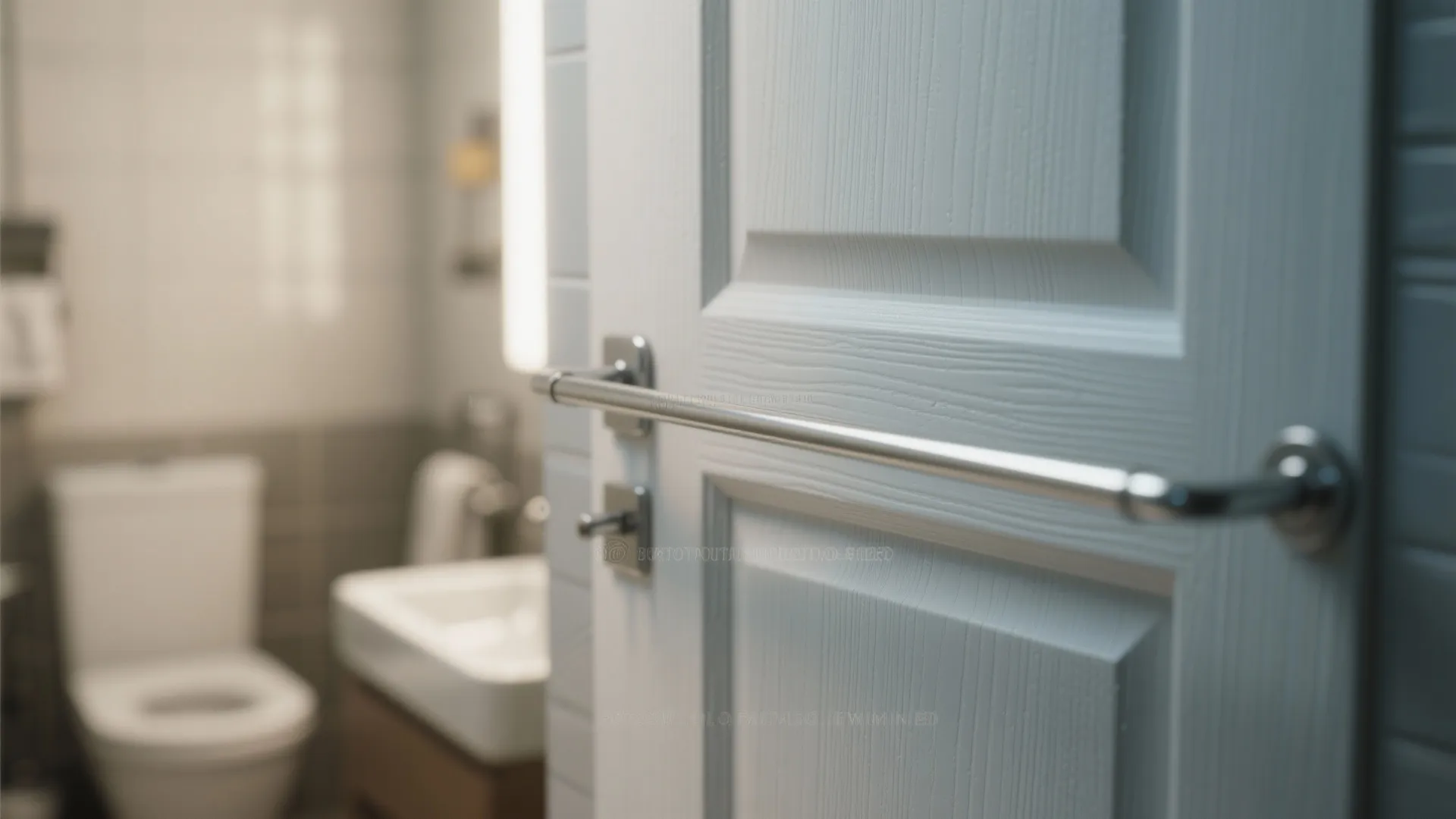 Close up of a silver metal towel rack mounted on a white textured bathroom door