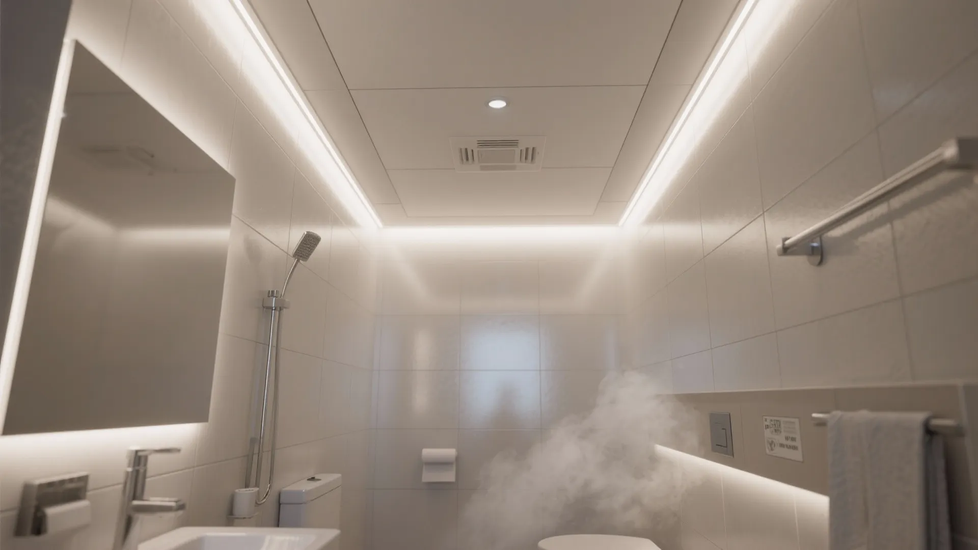 Small bathroom with shallow PVC tray ceiling and perimeter backlighting.