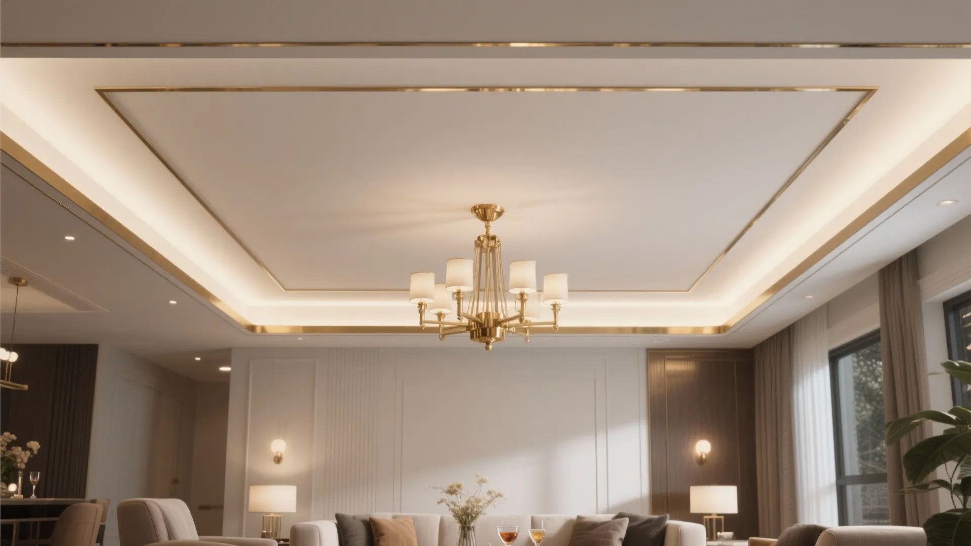 Modern living room with a gold ceiling light fixture and hidden lighting inside a tray