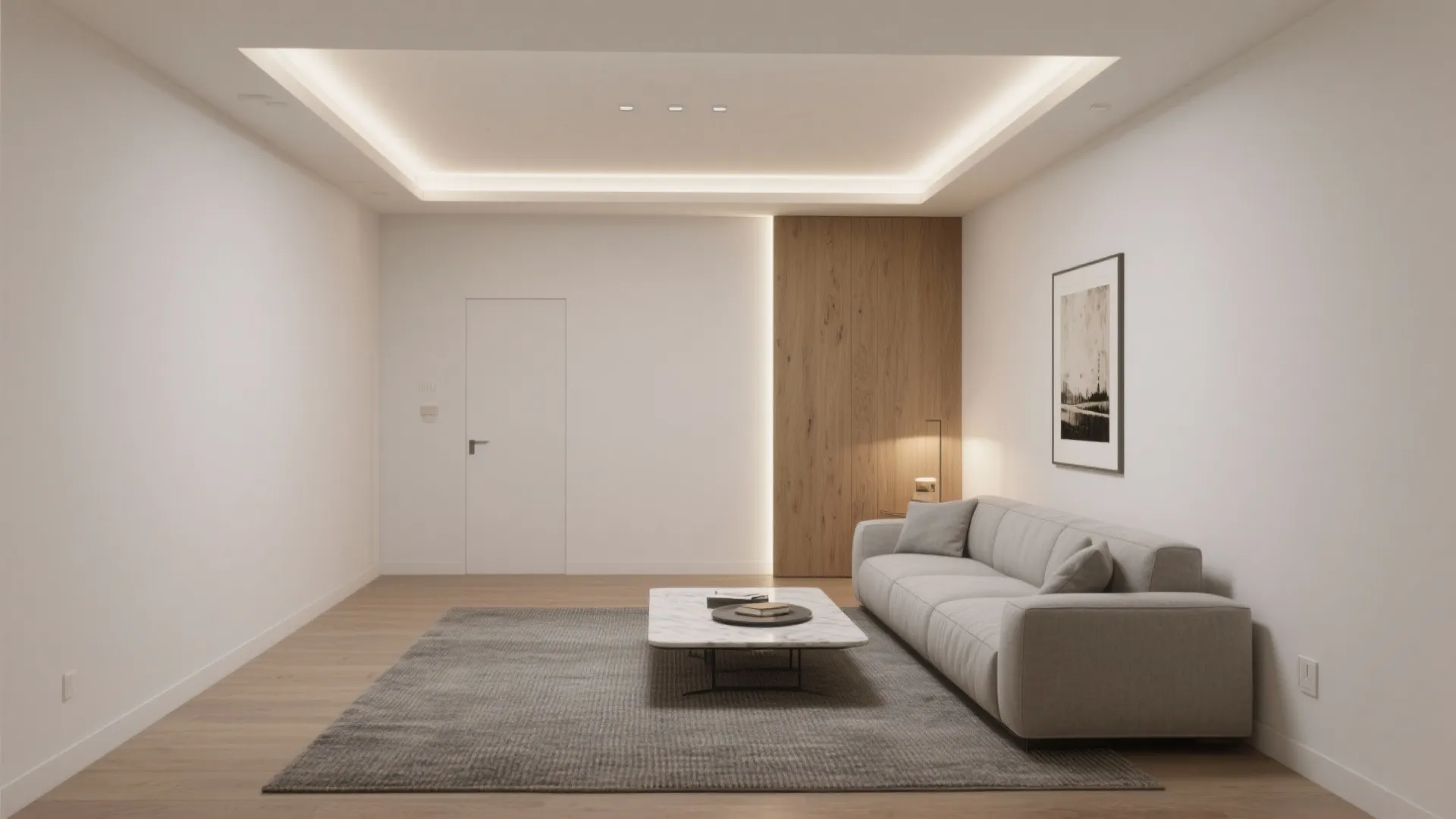 Minimalist living room featuring grey sofa marble coffee table and warm white recessed tray ceiling