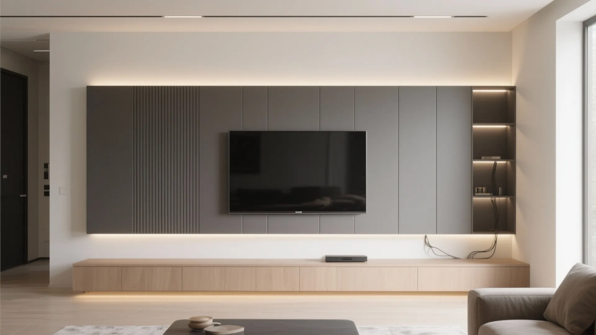 Minimalist living room with grey wall panel lighting and a long wooden floor storage cabinet