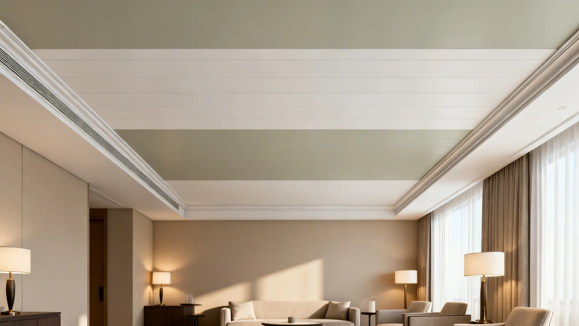 Two-tone PVC ceiling in warm white and greige with a crisp micro-bevel in a minimalist living room.