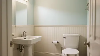 Cozy Bathroom with Beadboard Wainscoting and Soft Blue Walls