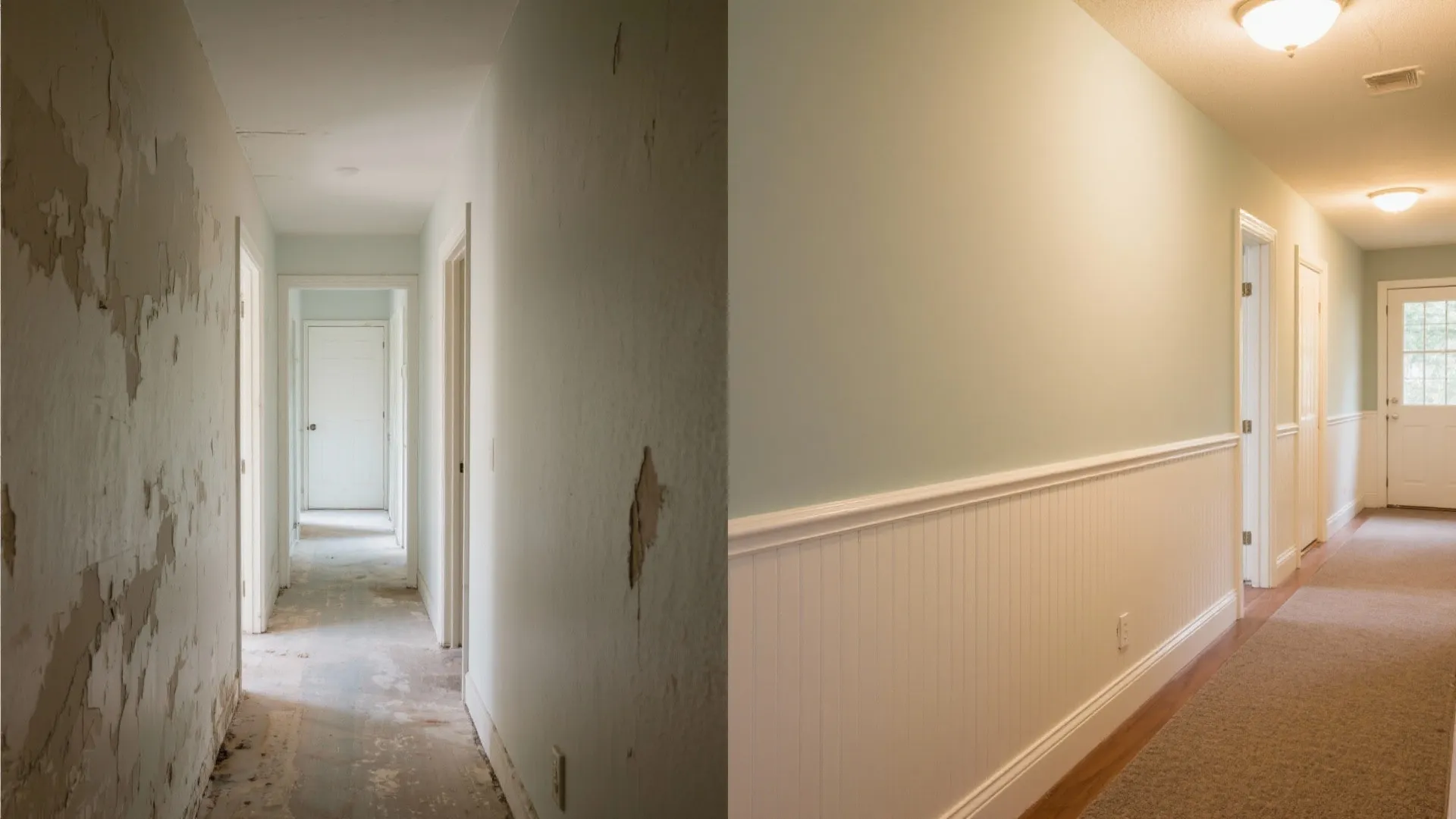 Before and after renovation showing damaged hallway walls compared to new white wall panel design