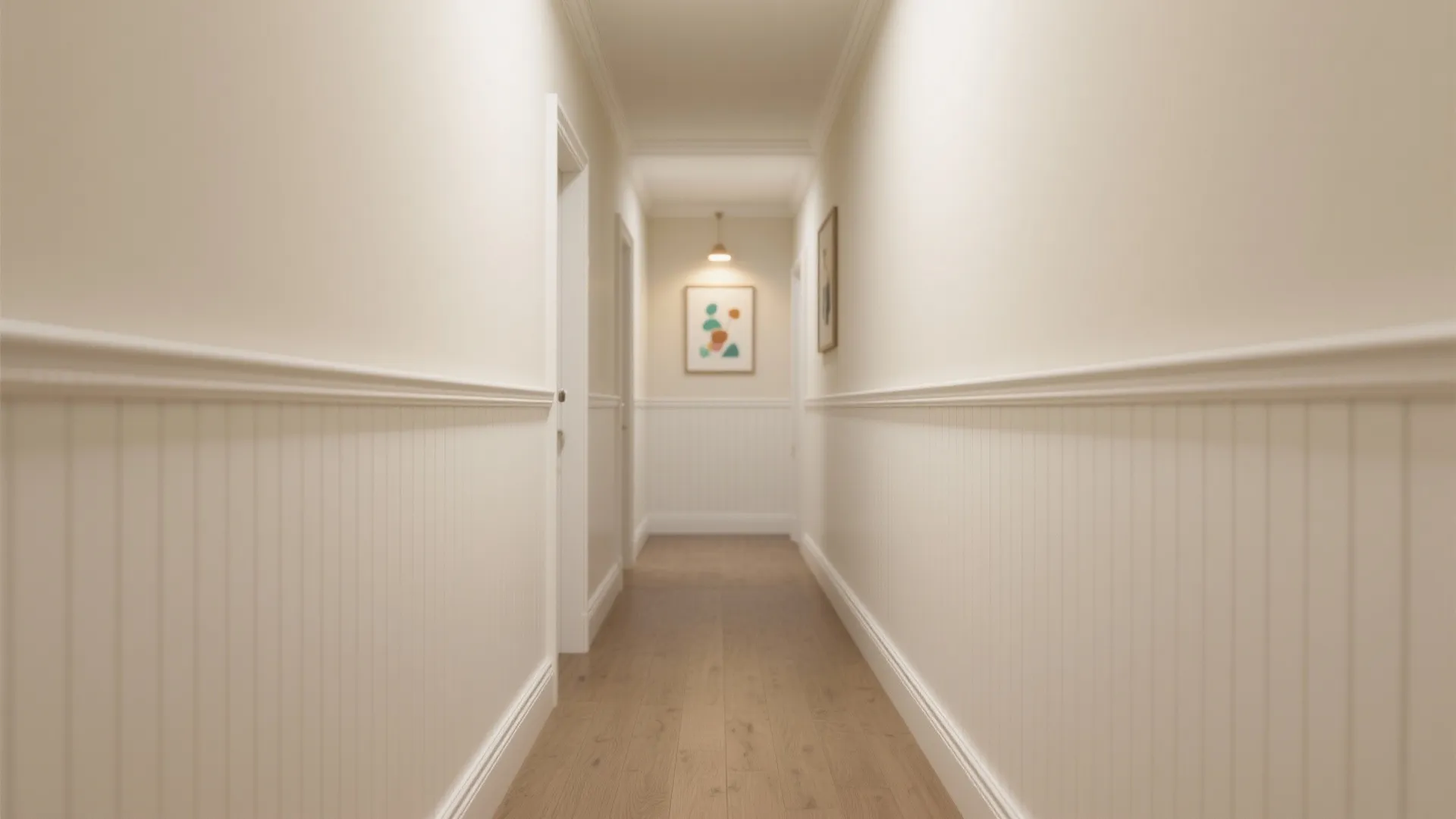 Long hallway with white wall panel design wooden floor and a small painting on the wall
