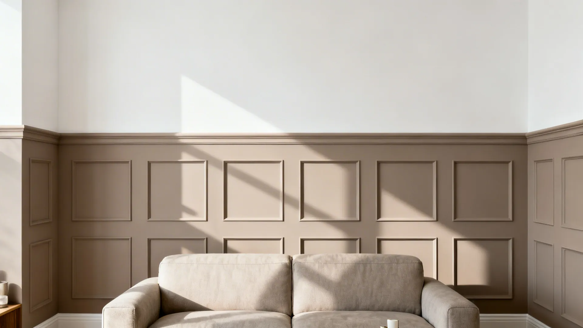 Compact living room with geometric PVC wainscoting and warm white upper wall.