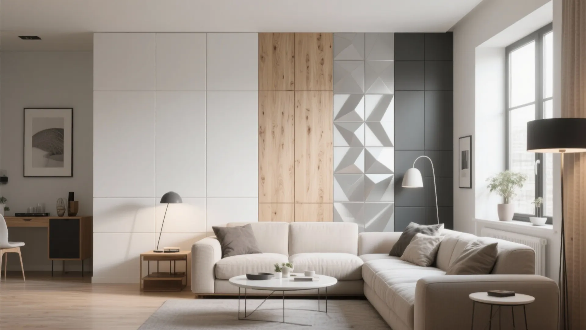 Bright living room featuring white grey and wood wall panel design with a white sofa