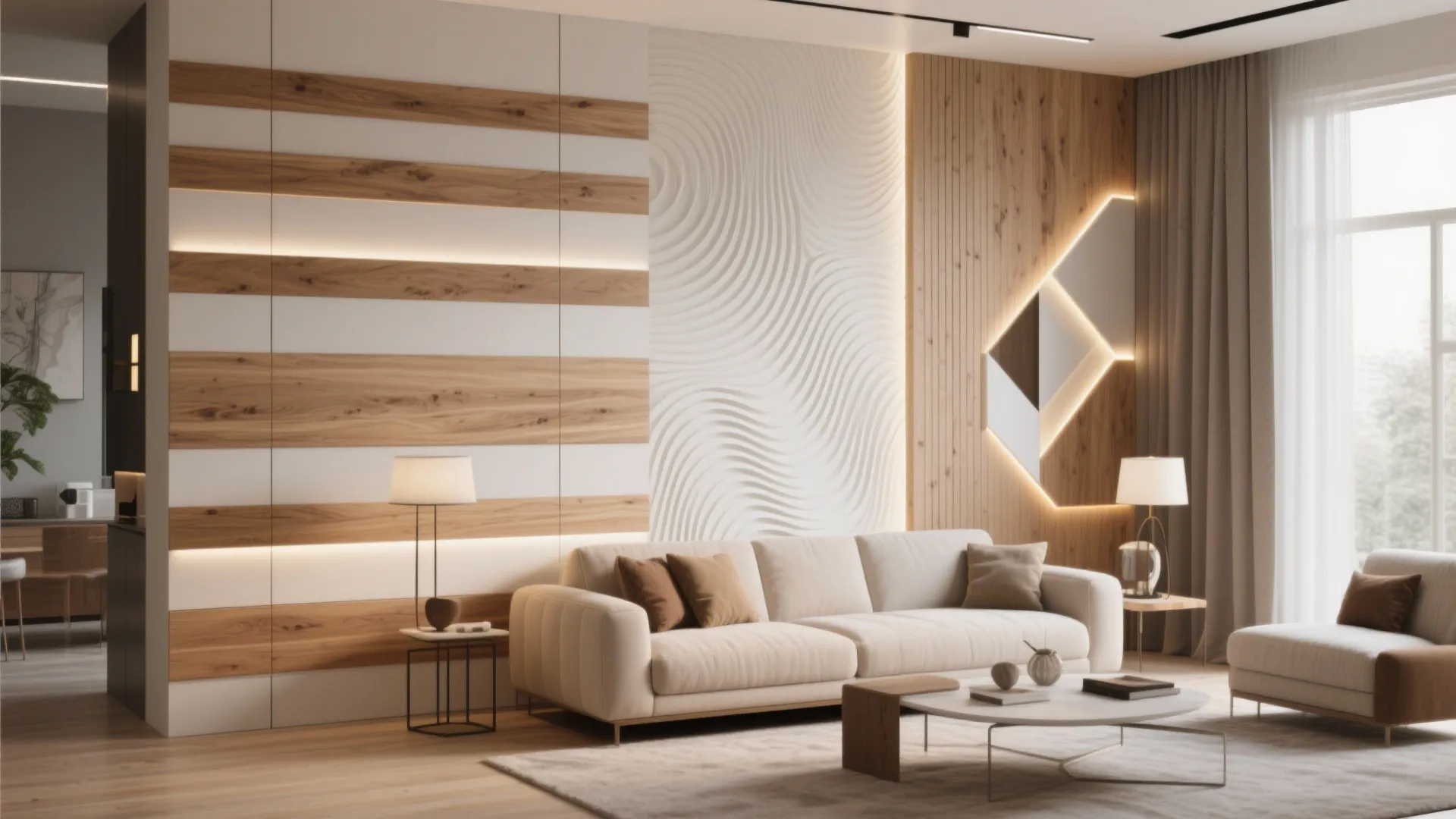 Modern living room with white sofa beige rug wood wall panels and warm light fixtures