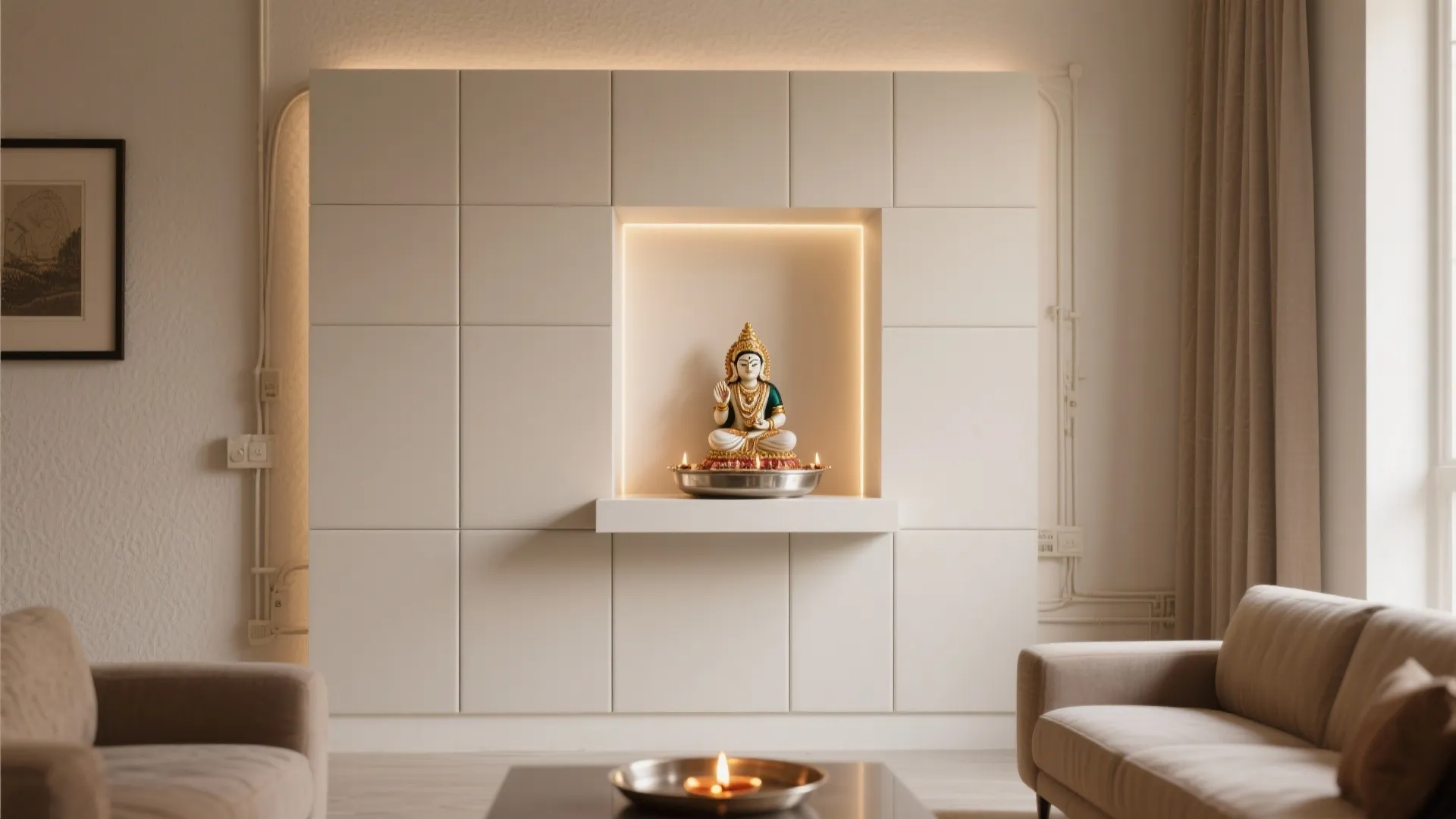 Minimalist PVC wall niche mandir with matte panels and integrated LED lighting in a living room.