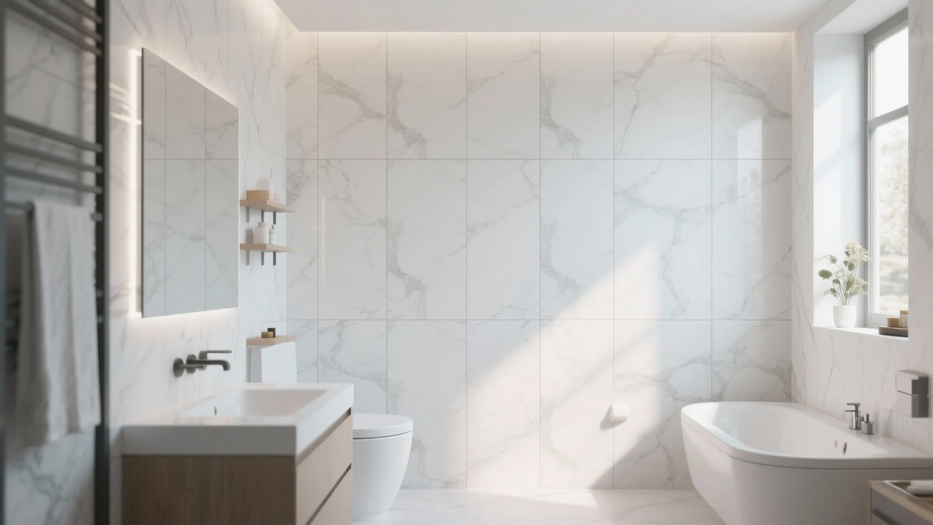 Modern bathroom with white marble wall panels large bathtub white sink and bright natural window light