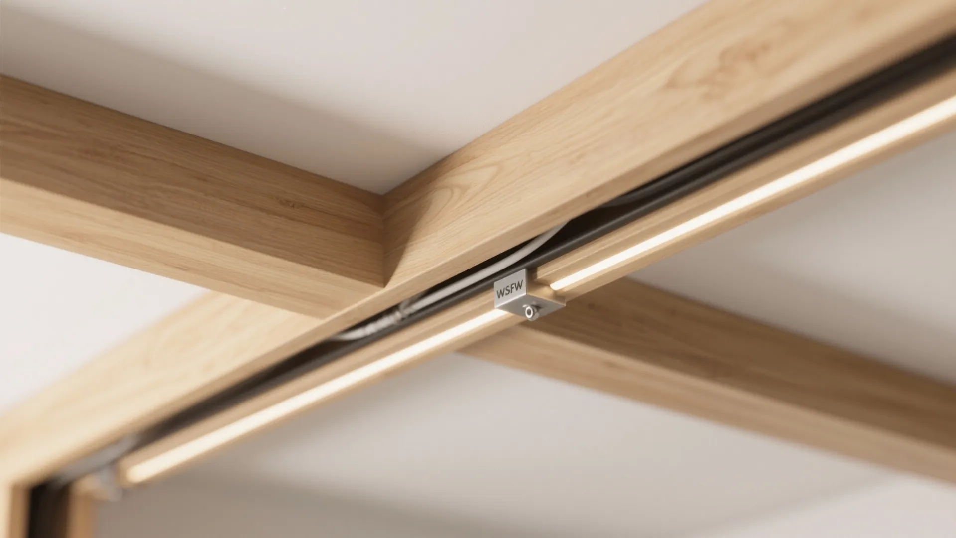 Close up of light brown wooden ceiling beams with an integrated warm white LED light strip