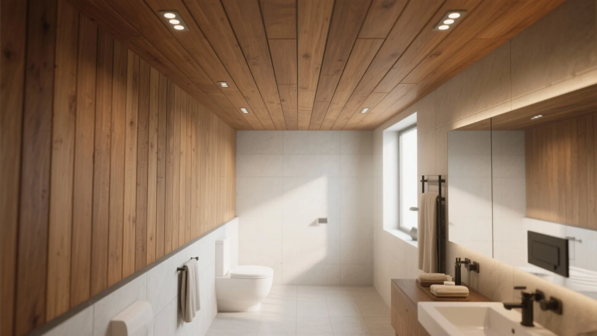 Modern bathroom featuring natural wood wall panels wood ceiling tiles white toilet and vanity sink