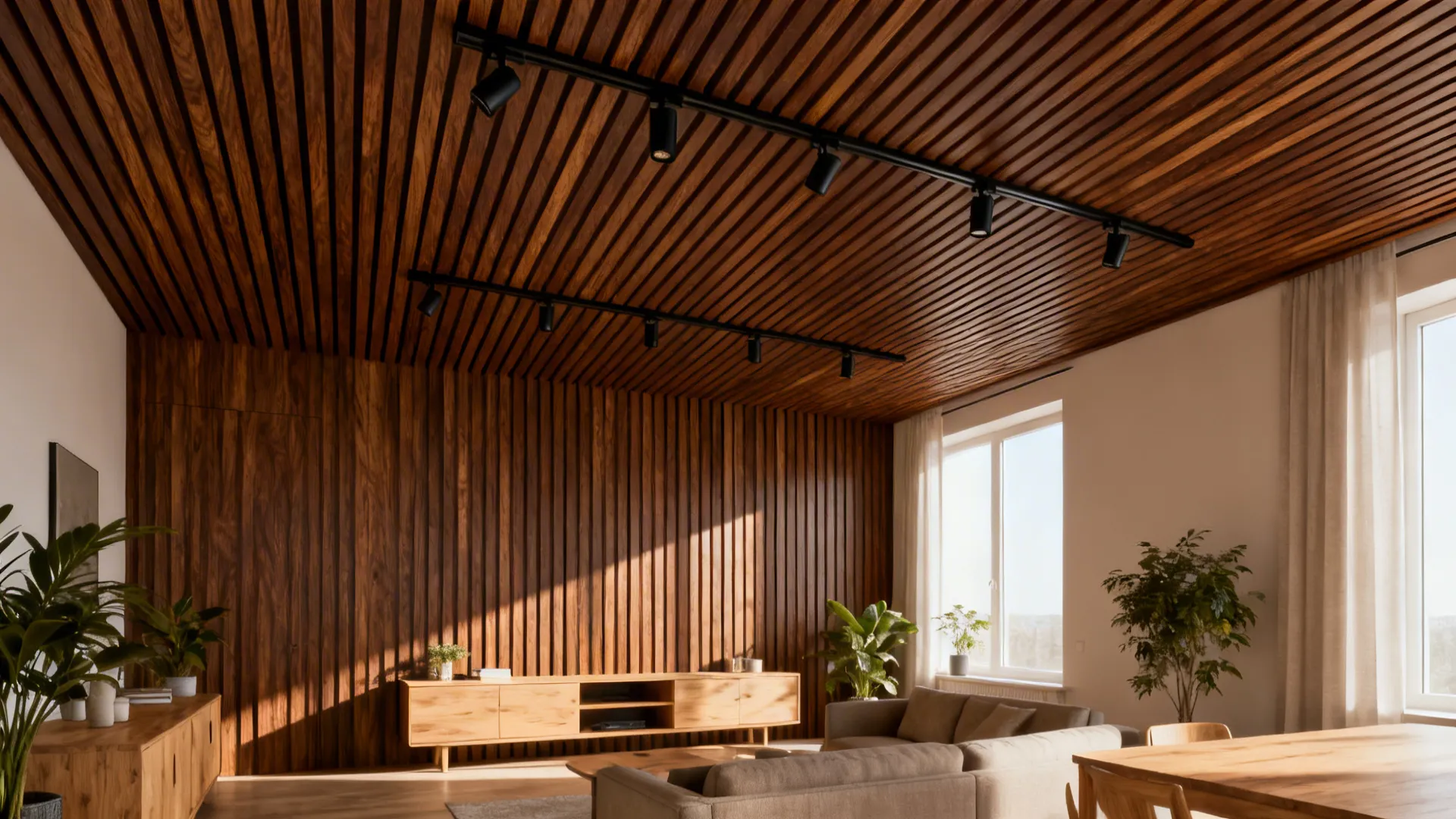 Wood-look PVC slatted ceiling with integrated black track lights in a Scandinavian living room.